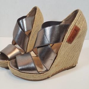 Vintage Coach Silver Pewter Rope Espadrille Platform Wedge Heel Sz 6 Logo